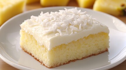 Slice of Delicious Yellow Cake with White Coconut Frosting on White Plate, Tropical Dessert