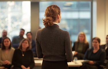  A business professional presenting in front of an audience, standing at the center with their back to the camera and facing forward towards the viewers while others sit around them watching intently,