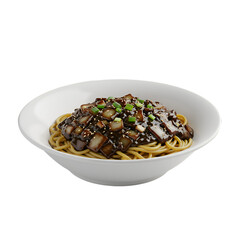 A bowl of black bean sauce spaghetti topped with sauteed onions and green onions