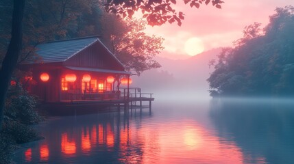 Fototapeta premium Misty river scene with a traditional wooden house illuminated by lanterns.