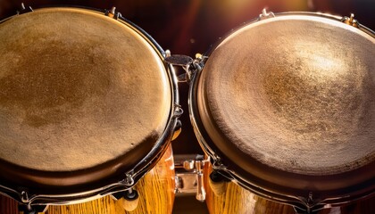 Obraz premium Close-up of two bongo drums with warm lighting highlighting their textured drumheads.