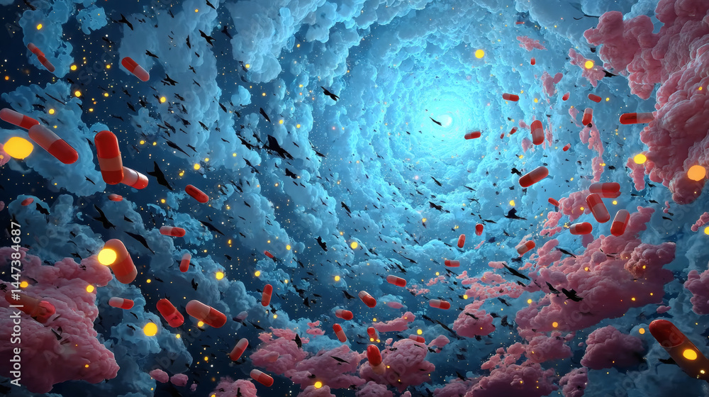 Poster surreal abstract underwater scene with capsules and clouds