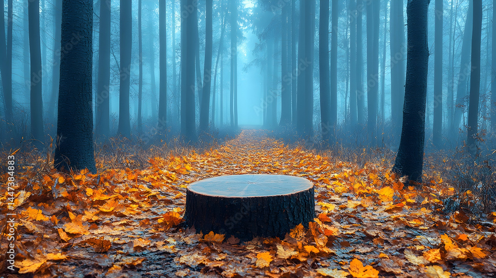 Poster misty forest path strewn with autumn leaves centered on a tree stump a tranquil serene scene