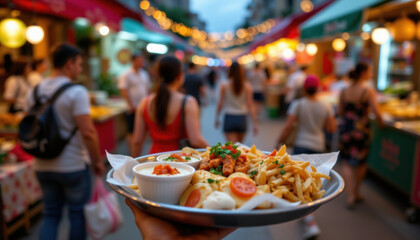 Tray with street food handheld in busy outdoor market with people walking and colorful lights creating lively atmosphere