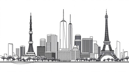 Obraz premium Minimalist black and white city skyline illustration featuring iconic landmarks from Tokyo, New York, and Paris.