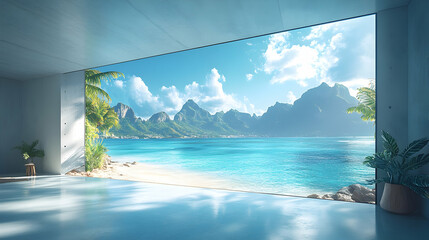 Fototapeta premium Modern minimalist interior with a panoramic view of a tropical beach and mountains. Lush landscape through a large window