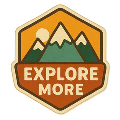 A colorful badge featuring mountains, a sun, and the phrase "Explore More" in bold letters.