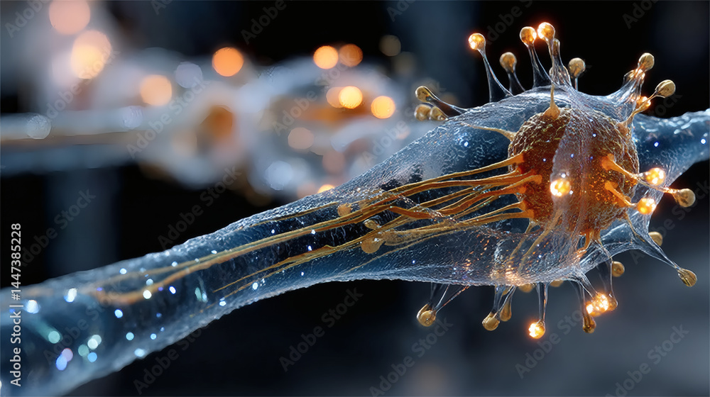 Poster surreal close-up of neurons and synapses in glowing biological network