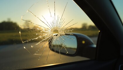 crack in glass of passenger window, with sunlight shining through, created with.