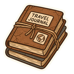 A leather-bound travel journal with a map sticker and tied with a string.