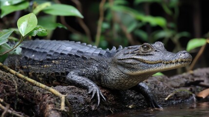 Naklejka premium Caiman Portrait: Amazonian Reptile in Natural Habitat