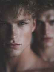 portrait of a young man, with another young man behind him out of focus