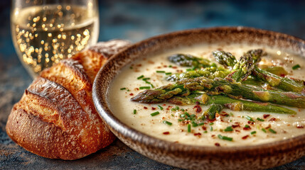 Creamy white asparagus soup with crusty bread and dry white wine on stone surface