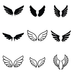 Wing logotype for tattoo. Bird, angel wings icons. Set of black wings icons. Collection badges of wings. Abstract tattoo