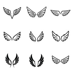 Wing logotype for tattoo. Bird, angel wings icons. Set of black wings icons. Collection badges of wings. Abstract tattoo