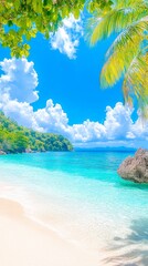 Tropical Beach with Palm Tree Framing Clear Blue Water and Sky