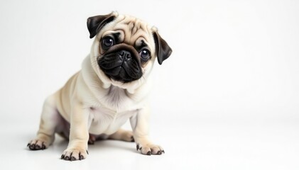 Solo pug, facing forward, on seamless white background , purebred, dog