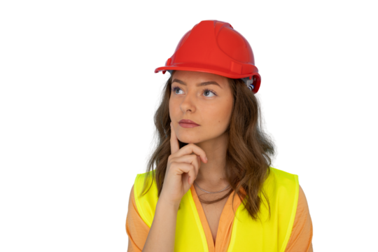 Professional engineer wearing protective gear, analyzing complex technical problem against clean backdrop