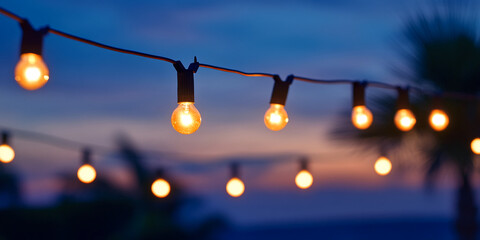 String of warm-toned lightbulbs glowing at dusk, creating a cozy and festive atmosphere, ideal for event or celebration imagery