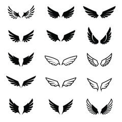 Wing logotype for tattoo. Bird, angel wings icons. Set of black wings icons. Collection badges of wings. Abstract tattoo