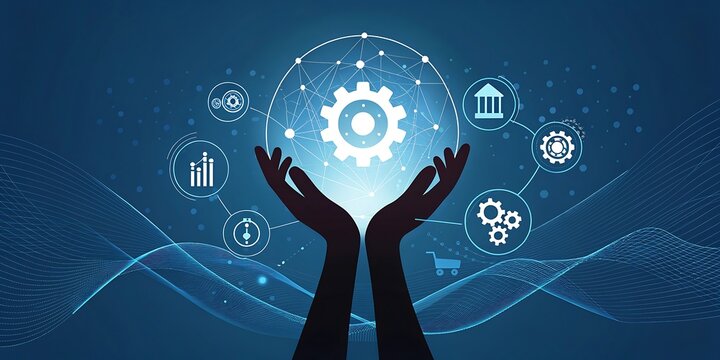 Abstract digital technology concept shows a hand pushing a button on a touch screen over an interface with numbers and symbols, representing future business and network communication