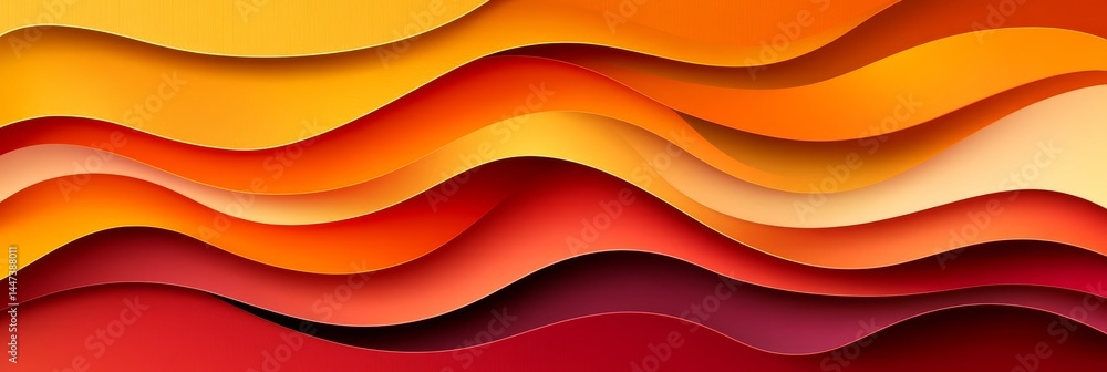 Poster fiery orange and red abstract background, dynamic wavy pattern, layered paper art style design