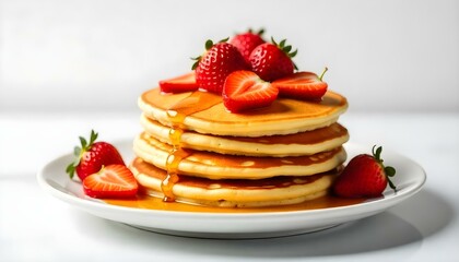 Pancakes with fresh strawberries and syrup Isolated on white background