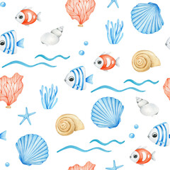 Watercolor seamless pattern with watercolor seashells and fish on the white background. Underwater life.Summer fabric design