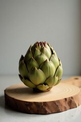Obraz premium A single artichoke rests on a rustic wooden surface against a muted background