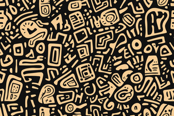 Fototapeta premium Abstract seamless pattern with tribal and ethnic design, hand-drawn doodle vector illustration of geometric shapes. Sharpie black marker outline, thick lines