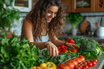 THE woman creates her own dietary regimen by arranging various vegetables on adorable  kitchen table   
