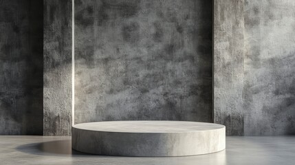 Circular concrete podium in minimalist, industrial setting.