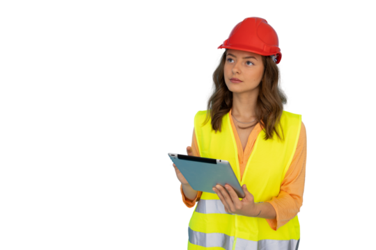 Young woman architect using digital tablet on construction site, transparent background