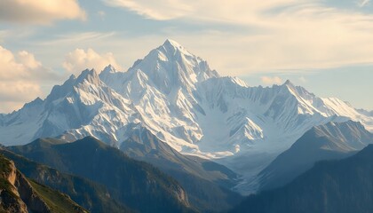 Obraz premium Majestic Snow Mountain Range Landscape with Green Hills and Sky