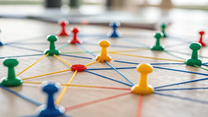 Colorful game pieces connected by strings on wooden surface create engaging educational experience