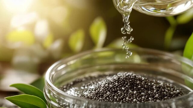 Close-up of water being poured onto black chia seeds in a clear glass bowl, with a natural green background and soft lighting emphasizing health and freshness. The image captures a moment of hydration