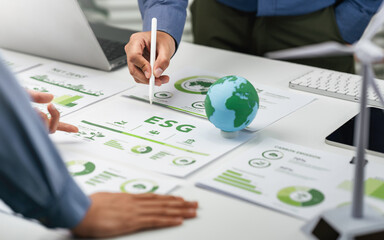 ESG environmental social and governance Green business concept. Business team Meeting carbon credit report, Green investment strategy concept to Sustainable Environment development goal. CSR concept.