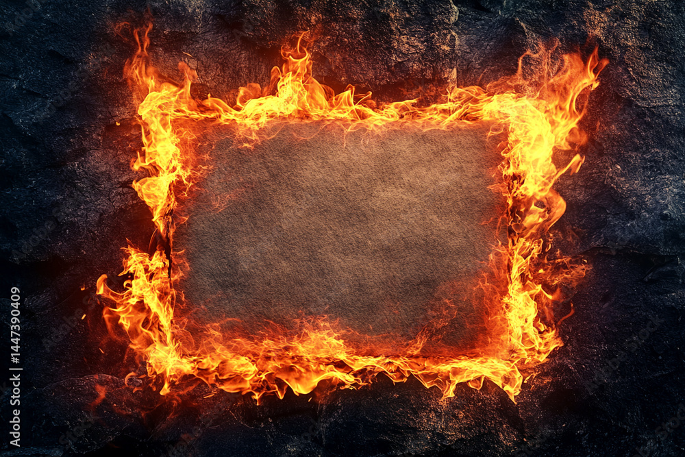 Poster fiery frame surrounds a textured brown surface, creating a fiery border mockup suitable for text or 