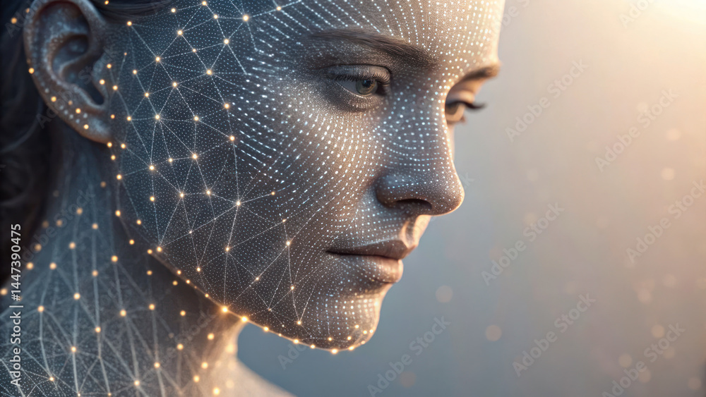 Poster digital representation of human face with light particles forming network pattern, showcasing techno