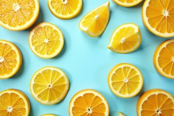Vibrant citrus slices arranged on a bright blue background, creating a refreshing and zesty visual display