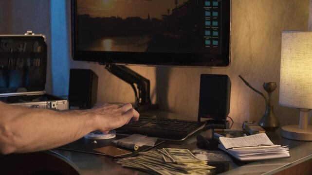 Drug addicted man rolling up dollar bill and snorting white powder. Drug trafficking and distribution. 