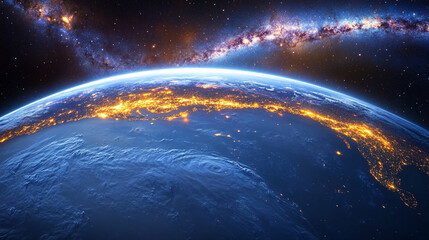 Earth at night, viewed from space, showcasing city lights and the Milky Way galaxy above, representing global connectivity and the vastness of the universe