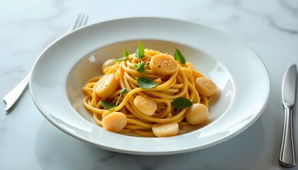 top view of delicious pasta with mollusks near cutlery on textured white background