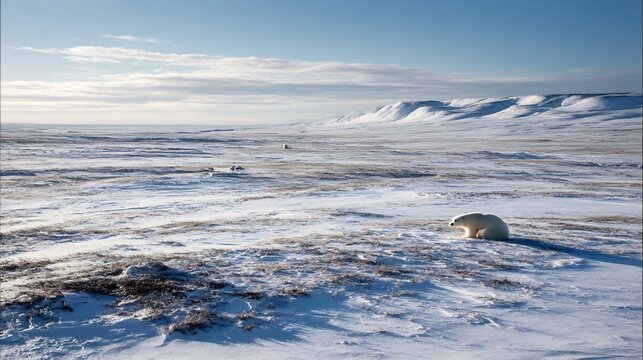 Lone polar bear in the frigid expanse of the arctic tundra under a vast sky