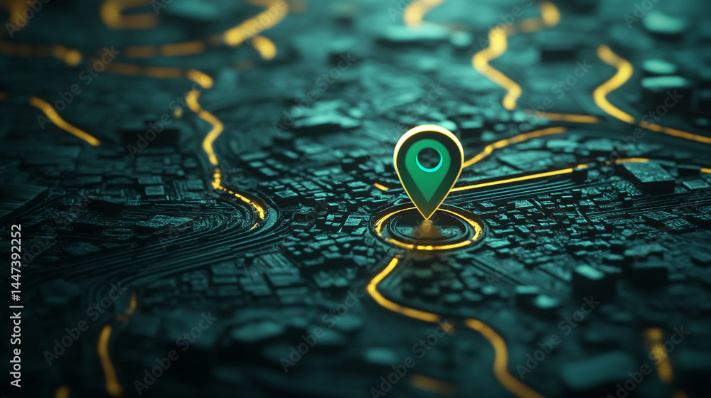 Aufkleber stylized city map with glowing location pin, showcasing navigation or geolocation concept. abstract,