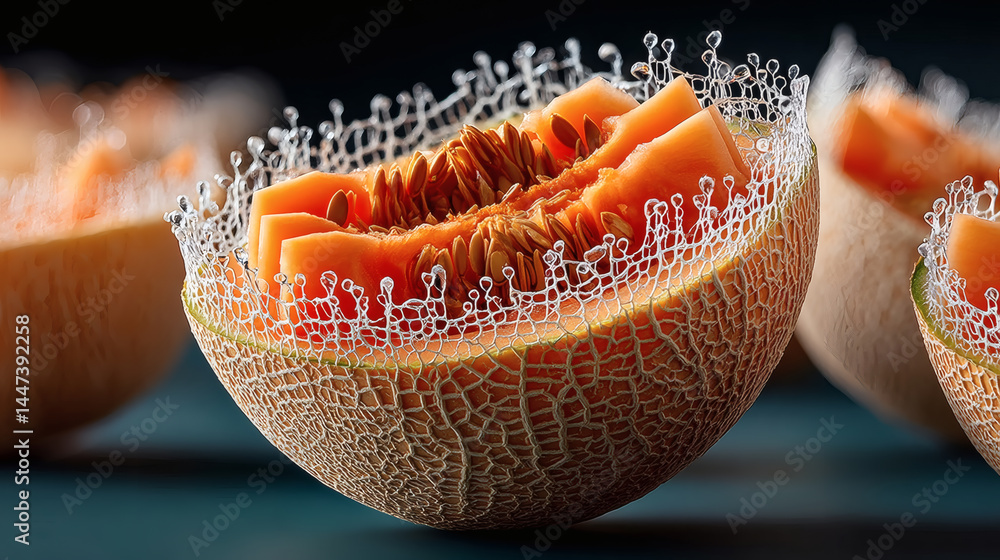 Poster vibrant close-up of ripe melon with intricate netting texture