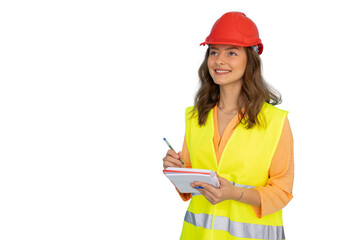 Young woman architect wearing safety helmet and vest writing notes on notepad on transparent background