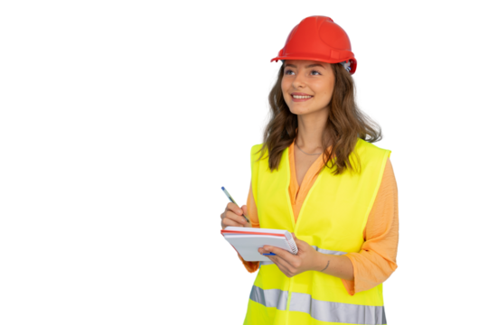 Young woman architect wearing safety helmet and vest writing notes on notepad on transparent background