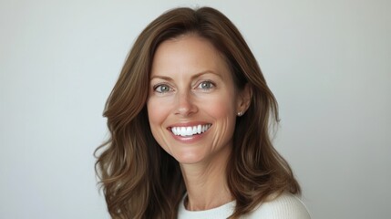 Fototapeta premium A smiling brunette woman with perfect white teeth is showing off her smile. She looks happy and healthy in this ad for dental care. The photo is a wide shot against a light gray background. 