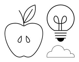 Apple with seeds, lightbulb, and cloud in clean minimalist design. Ideal for learning, innovation, health, creativity, technology sustainability and nature concepts. Flat simple metaphor